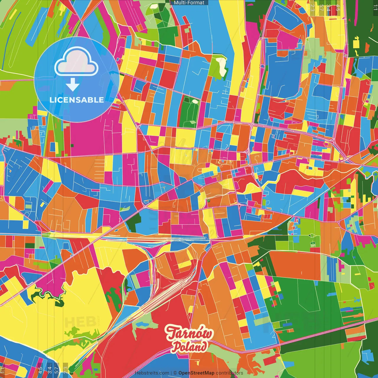Tarnów, Lesser Poland, Poland Crazy Colorful Street Map Poster Template