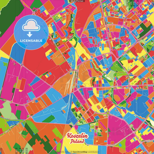 Koszalin, West Pomeranian, Poland Crazy Colorful Street Map Poster Template