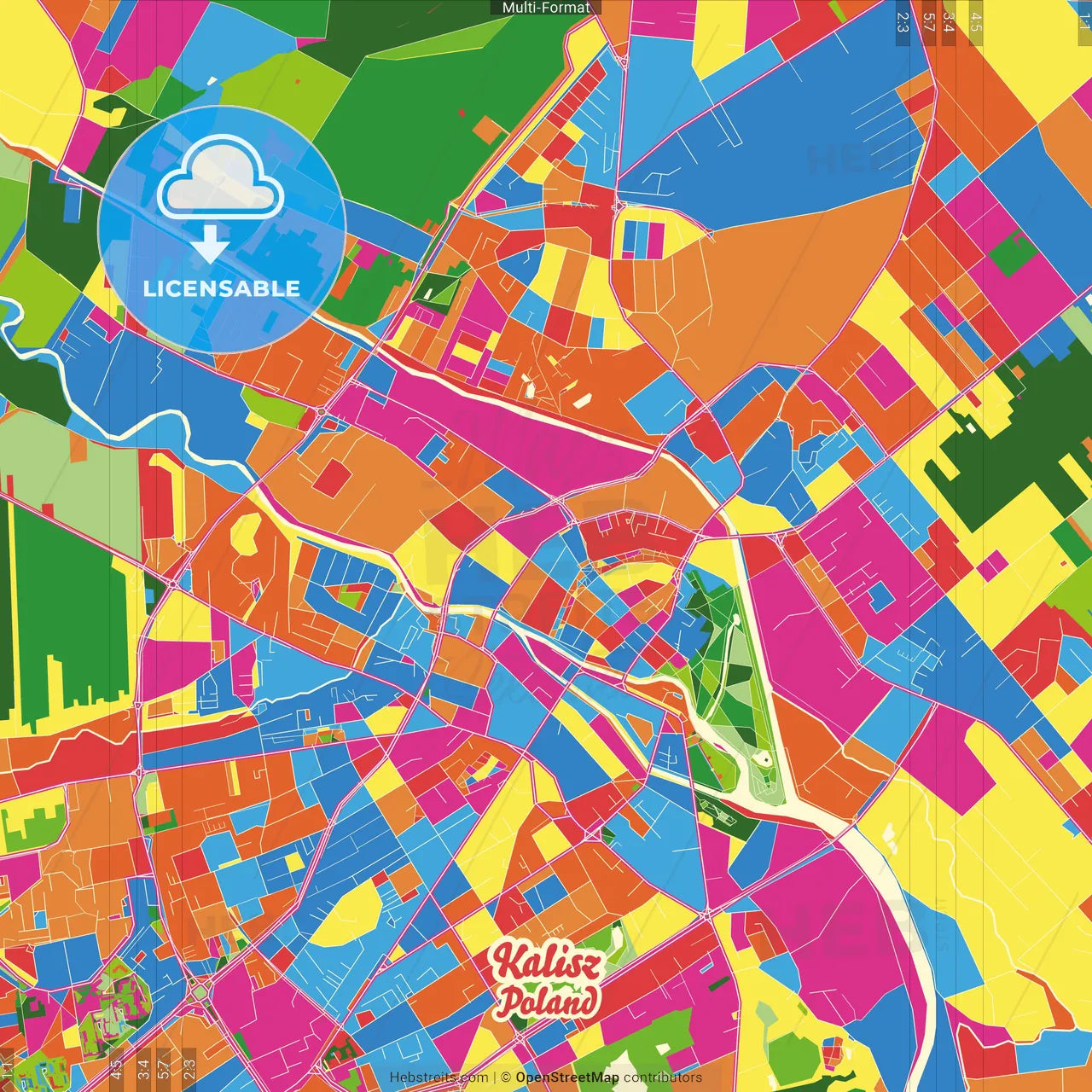 Kalisz, Greater Poland, Poland Crazy Colorful Street Map Poster Template