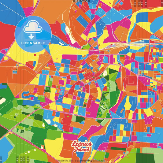 Legnica, Lower Silesian, Poland Crazy Colorful Street Map Poster Template