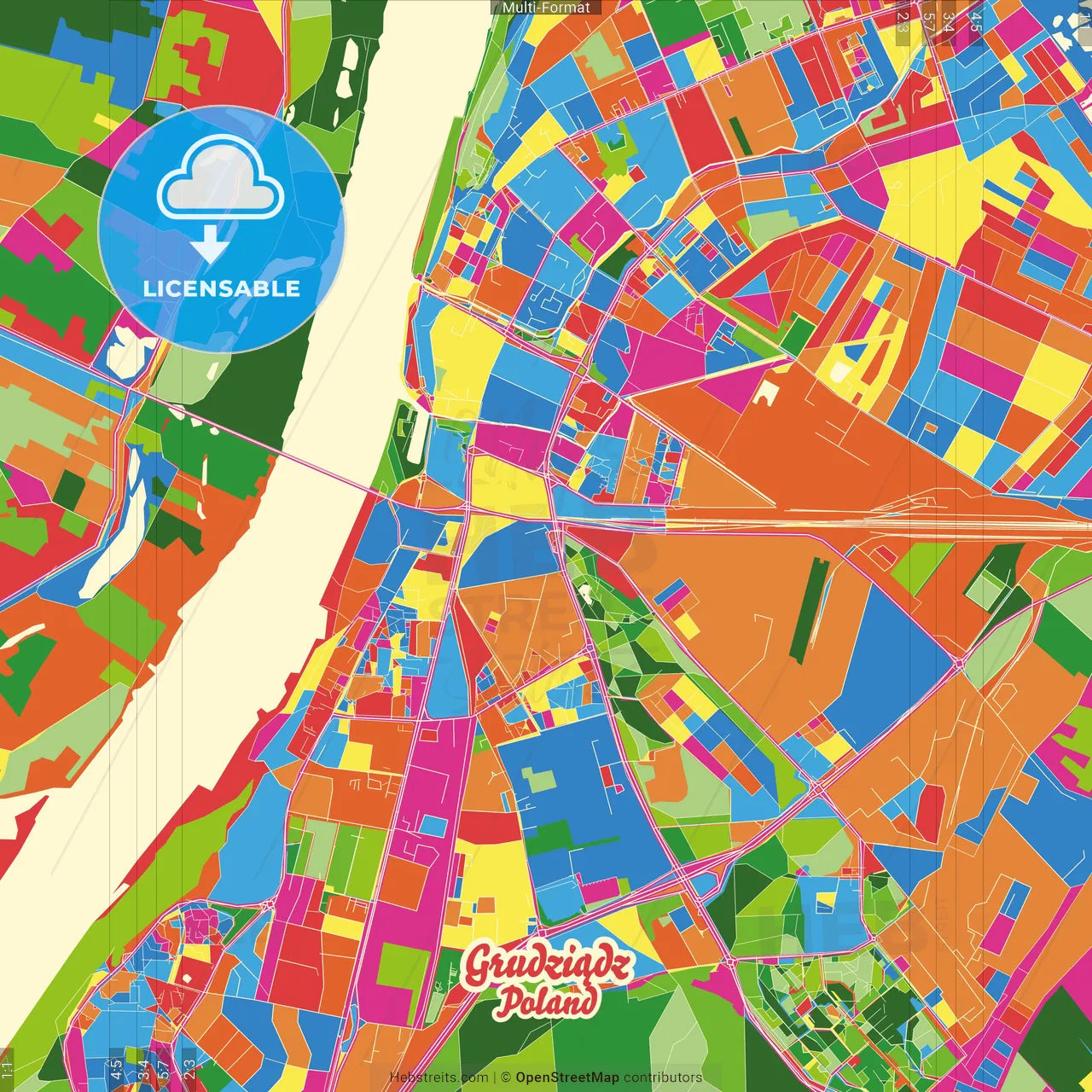 Grudziądz, Kuyavian-Pomeranian, Poland Crazy Colorful Street Map Poster Template