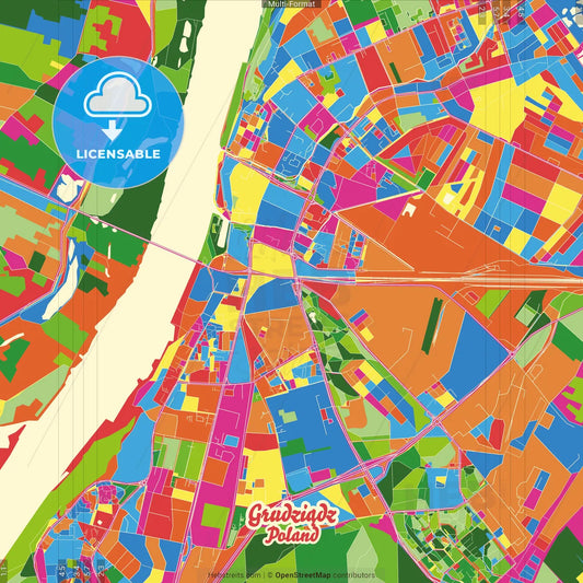 Grudziądz, Kuyavian-Pomeranian, Poland Crazy Colorful Street Map Poster Template