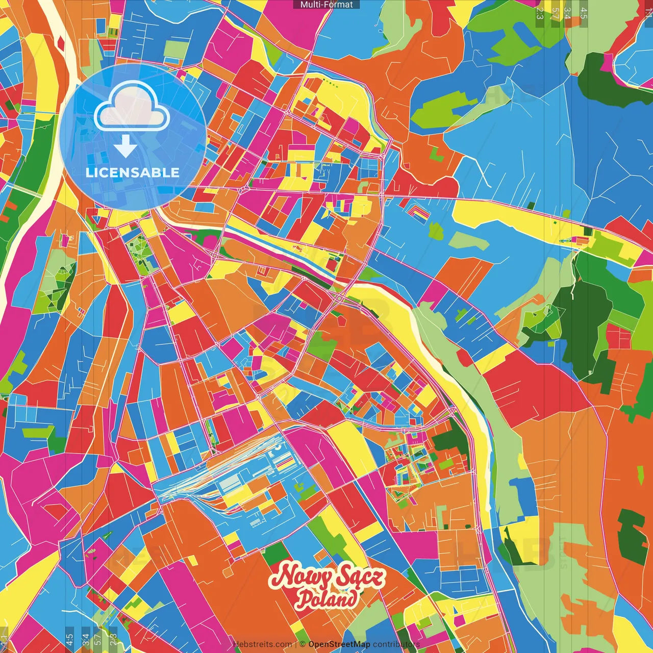Nowy Sącz, Lesser Poland, Poland Crazy Colorful Street Map Poster Template