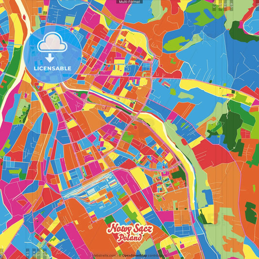Nowy Sącz, Lesser Poland, Poland Crazy Colorful Street Map Poster Template