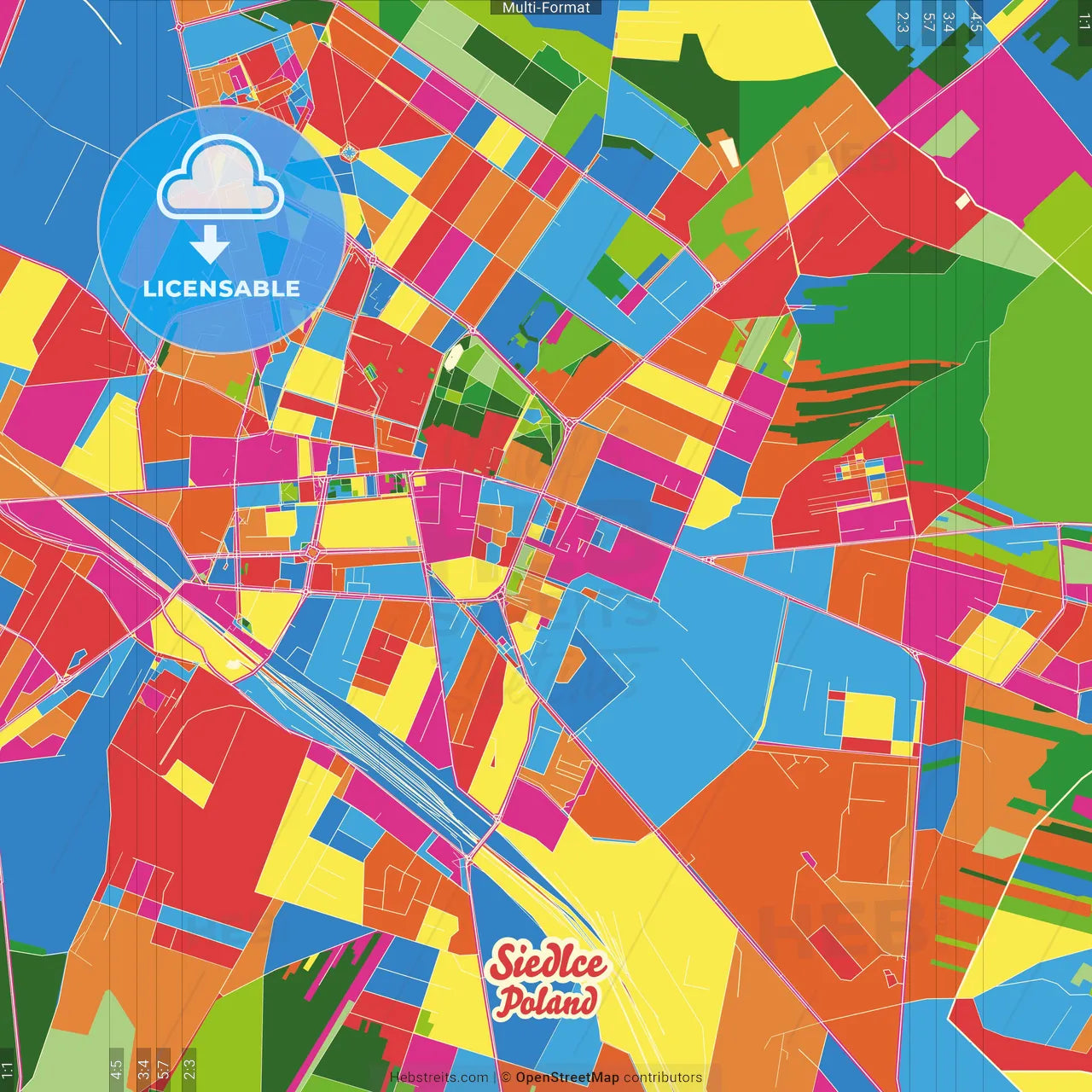 Siedlce, Masovian, Poland Crazy Colorful Street Map Poster Template