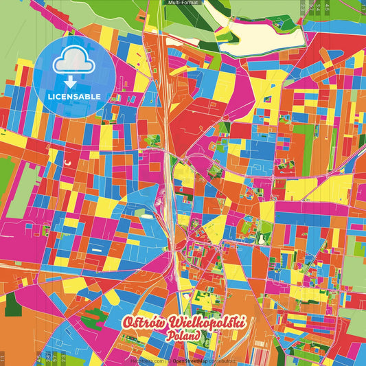 Ostrów Wielkopolski, Greater Poland, Poland Crazy Colorful Street Map Poster Template
