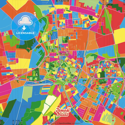 Zamość, Lublin, Poland Crazy Colorful Street Map Poster Template