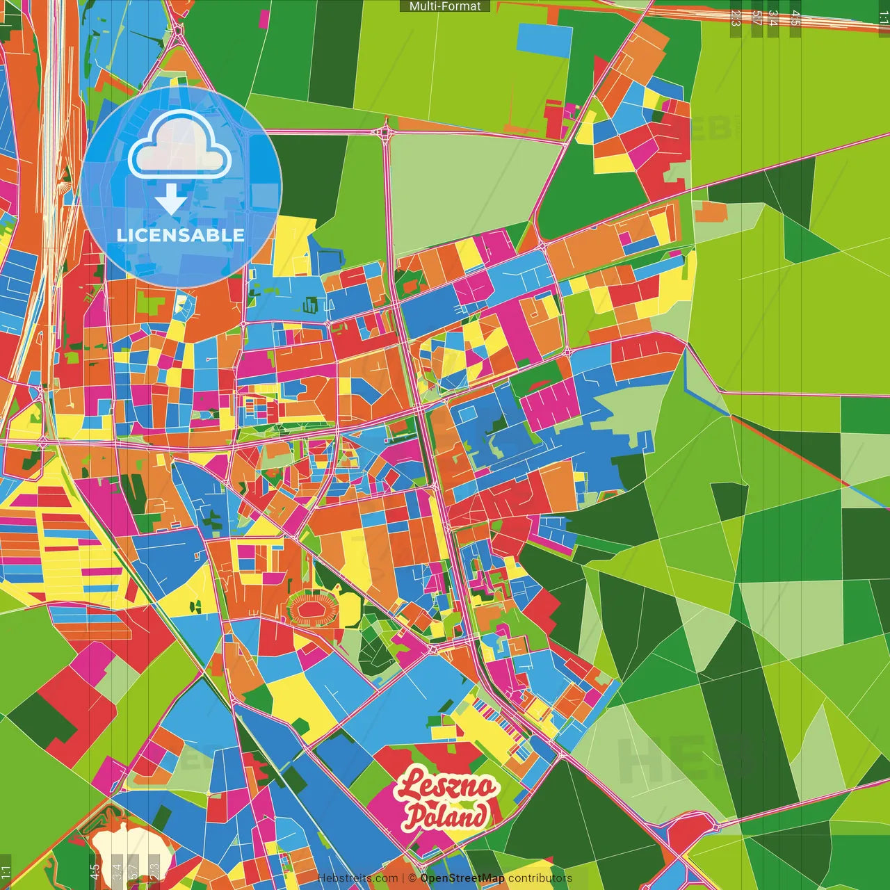 Leszno, Greater Poland, Poland Crazy Colorful Street Map Poster Template