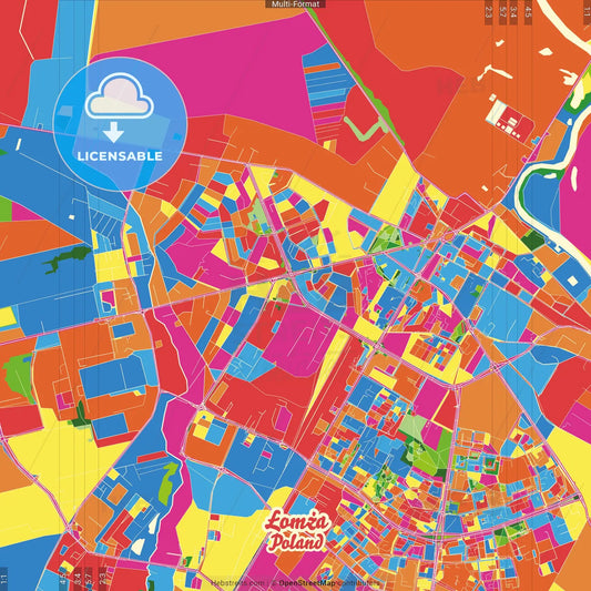 Łomża, Podlaskie, Poland Crazy Colorful Street Map Poster Template