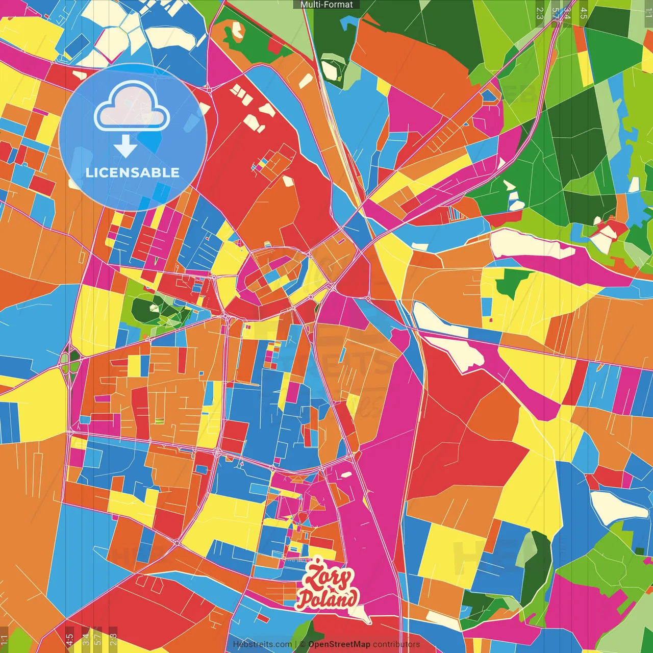 Żory, Silesian, Poland Crazy Colorful Street Map Poster Template