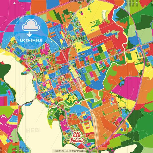 Ełk, Warmian-Masurian, Poland Crazy Colorful Street Map Poster Template