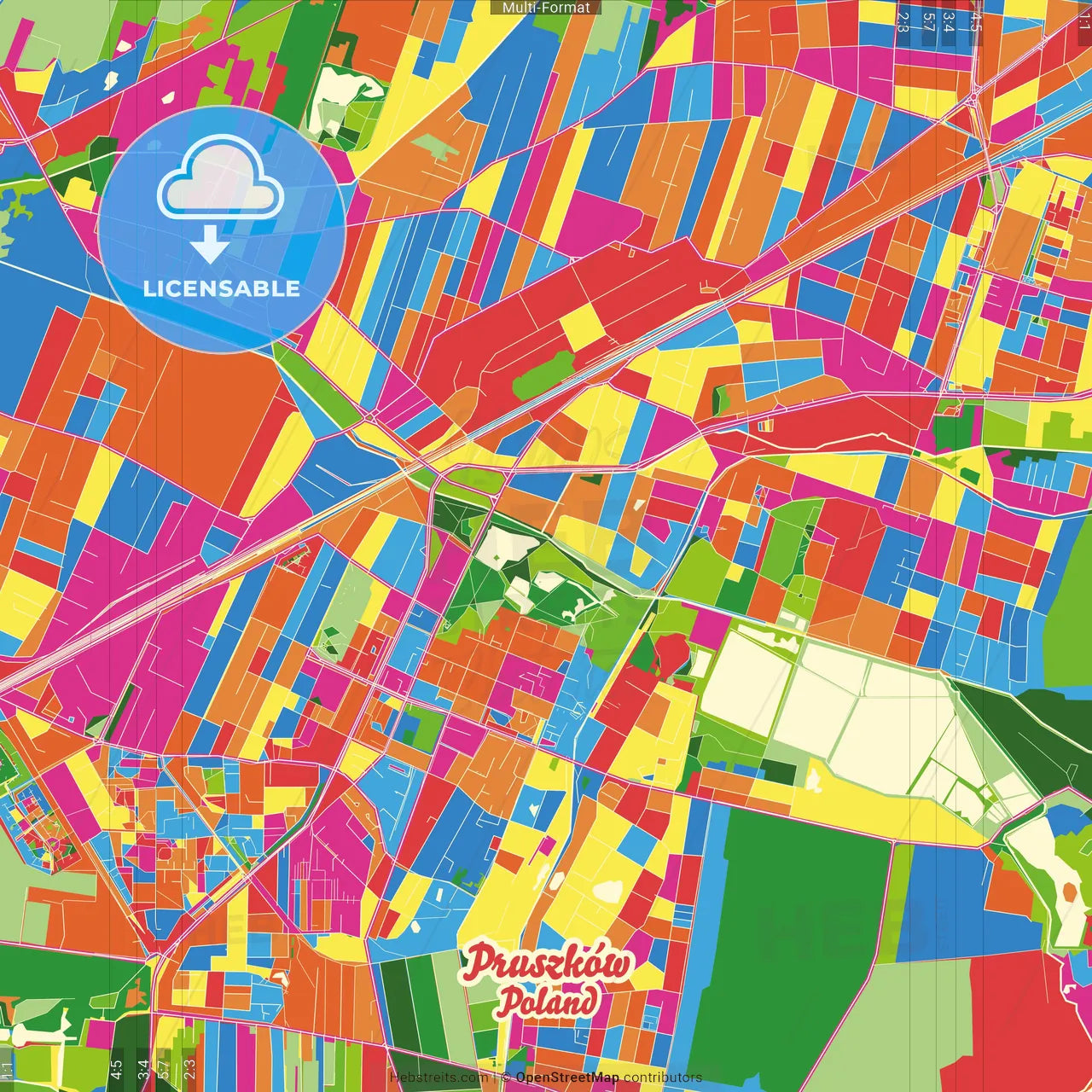 Pruszków, Masovian, Poland Crazy Colorful Street Map Poster Template