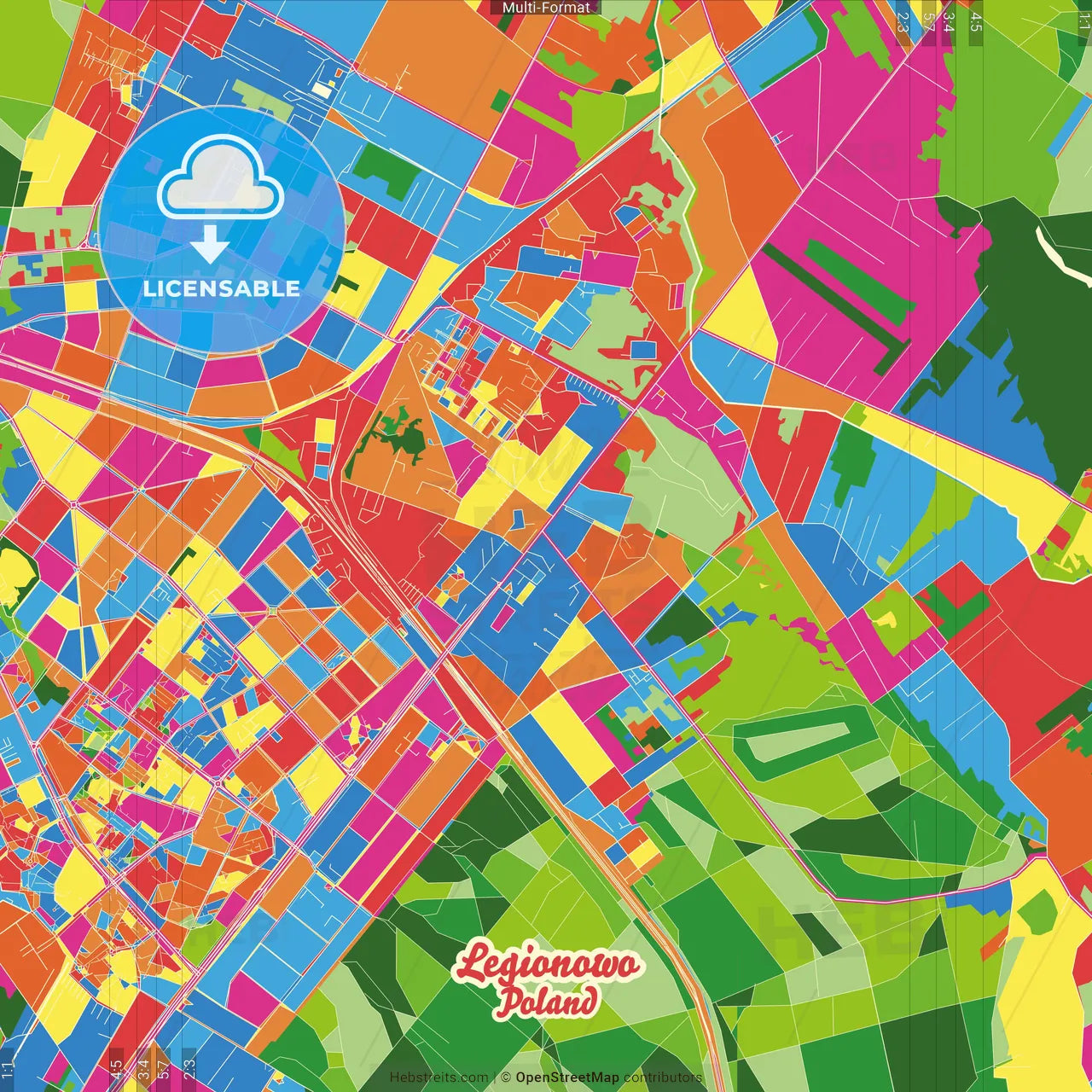 Legionowo, Masovian, Poland Crazy Colorful Street Map Poster Template