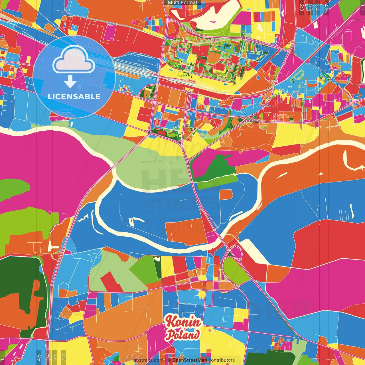 Konin, Greater Poland, Poland Crazy Colorful Street Map Poster Template