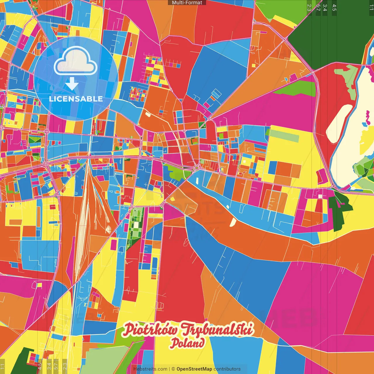 Piotrków Trybunalski, Łódź, Poland Crazy Colorful Street Map Poster Template