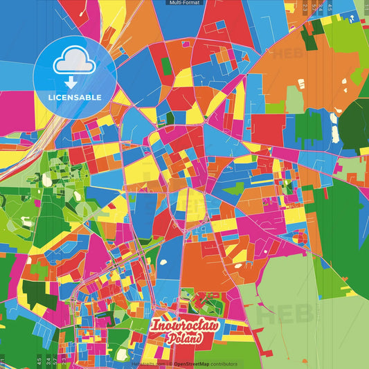 Inowrocław, Kuyavian-Pomeranian, Poland Crazy Colorful Street Map Poster Template