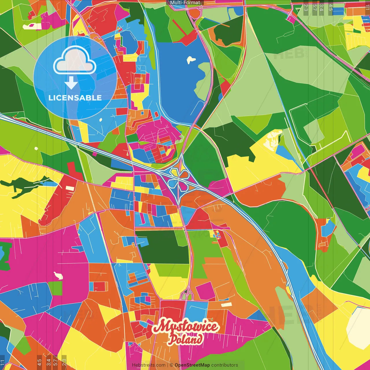 Mysłowice, Silesian, Poland Crazy Colorful Street Map Poster Template