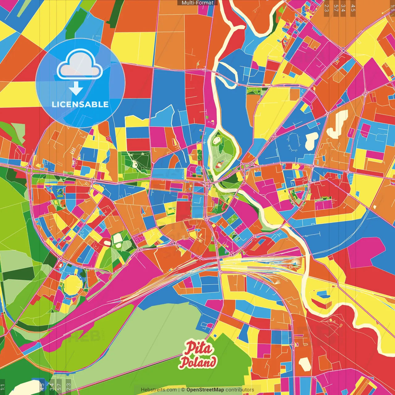 Piła, Greater Poland, Poland Crazy Colorful Street Map Poster Template