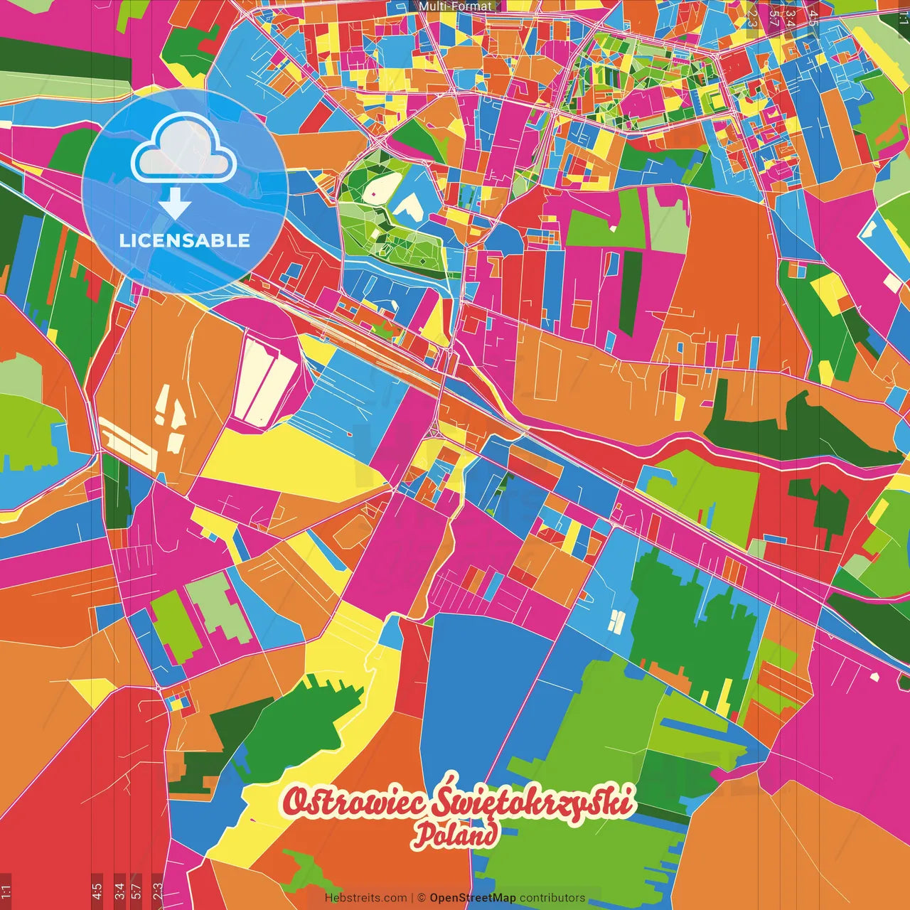 Ostrowiec Świętokrzyski, Świętokrzyskie, Poland Crazy Colorful Street Map Poster Template