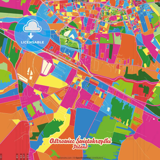 Ostrowiec Świętokrzyski, Świętokrzyskie, Poland Crazy Colorful Street Map Poster Template