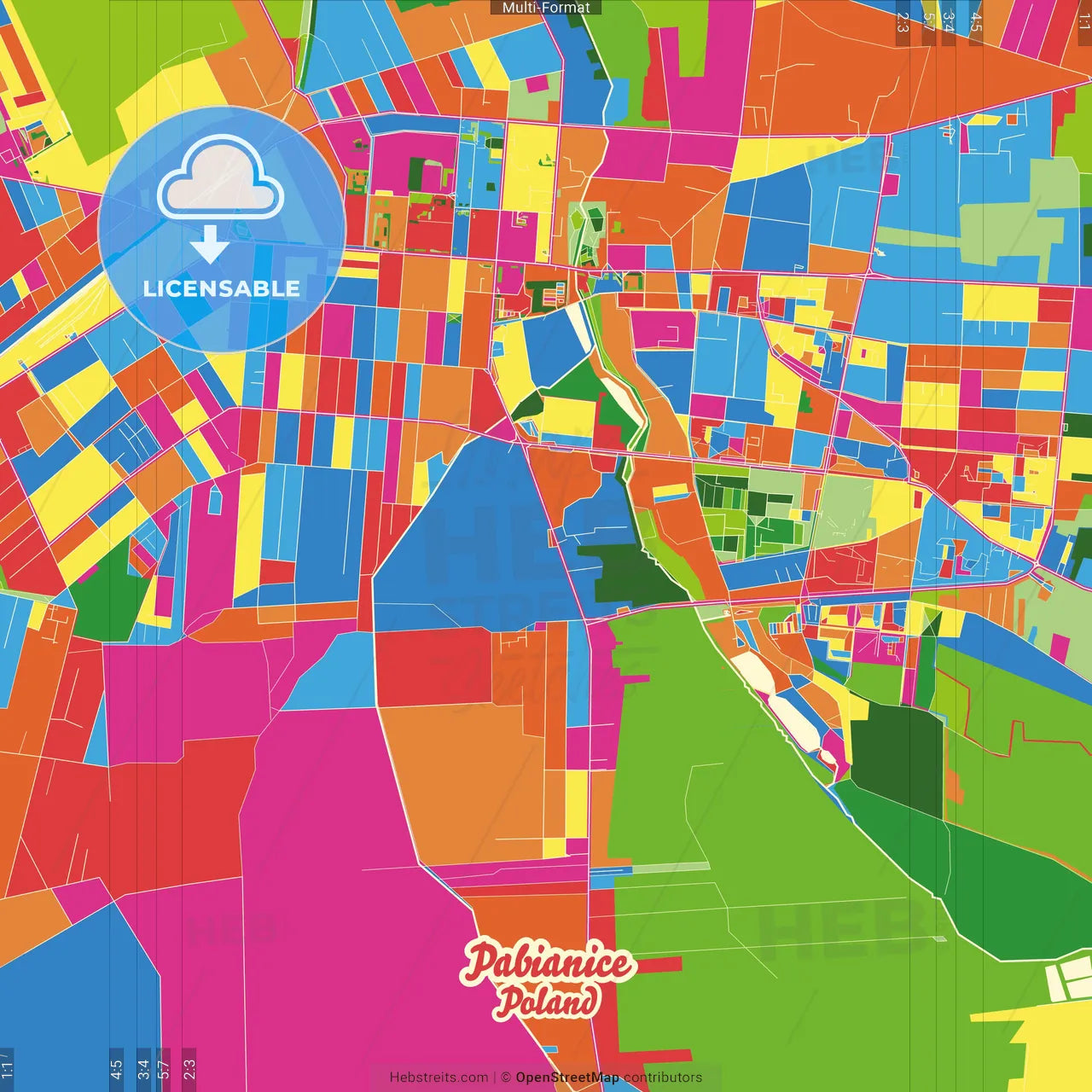 Pabianice, Łódź, Poland Crazy Colorful Street Map Poster Template