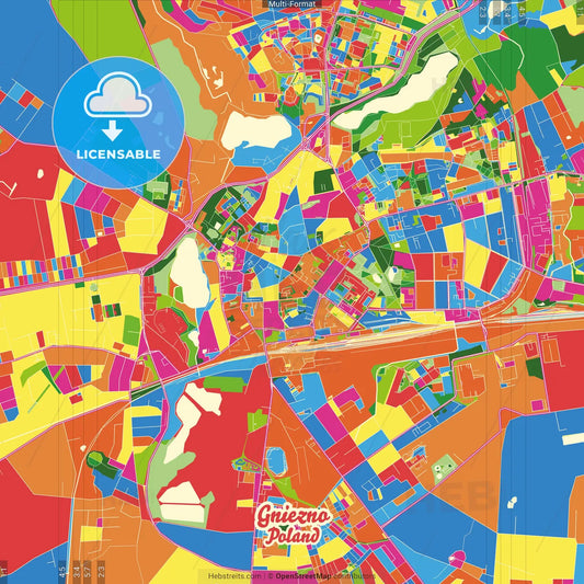Gniezno, Greater Poland, Poland Crazy Colorful Street Map Poster Template