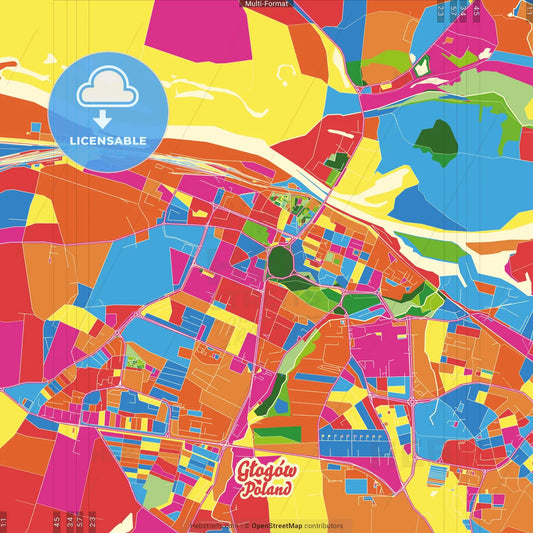 Głogów, Lower Silesian, Poland Crazy Colorful Street Map Poster Template
