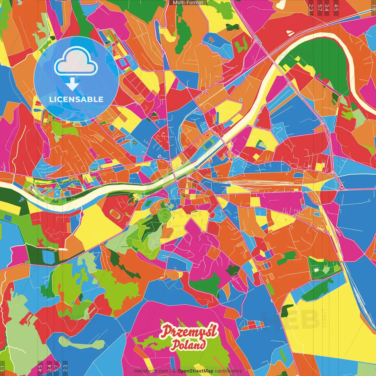 Przemyśl, Podkarpackie, Poland Crazy Colorful Street Map Poster Template