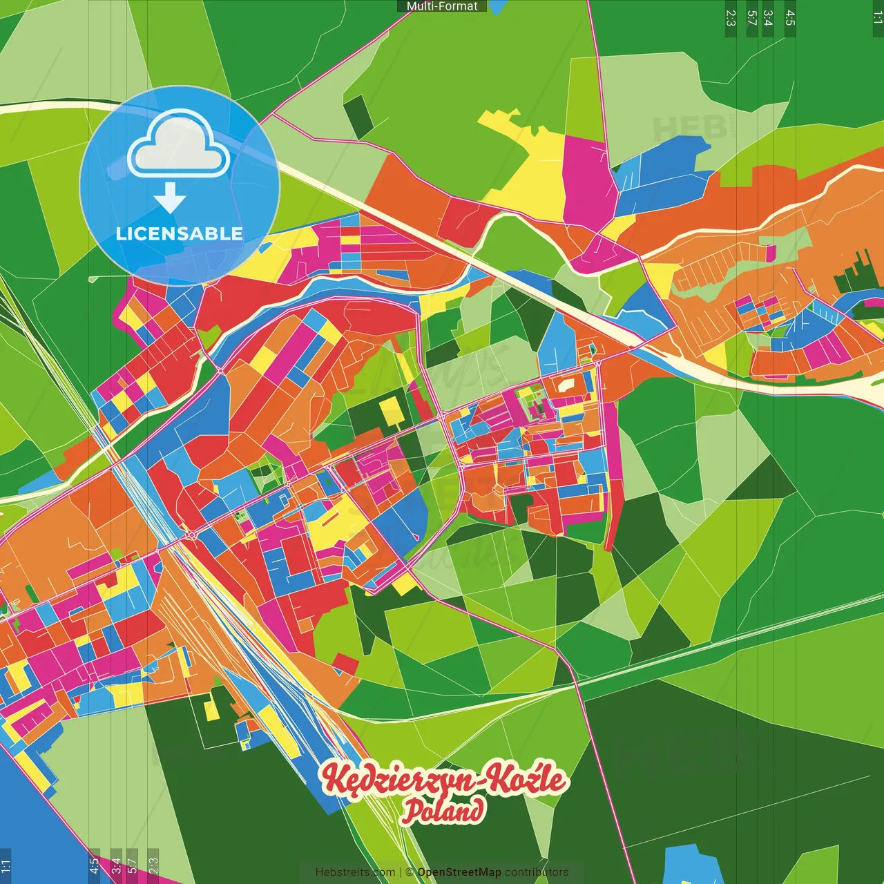 Kędzierzyn-Koźle, Opole, Poland Crazy Colorful Street Map Poster Template