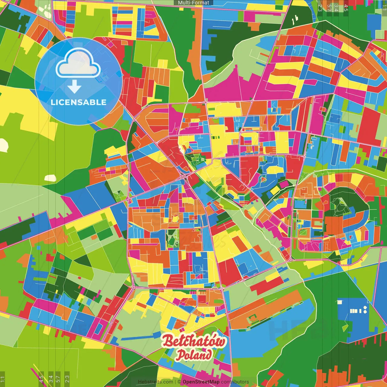 Bełchatów, Łódź, Poland Crazy Colorful Street Map Poster Template