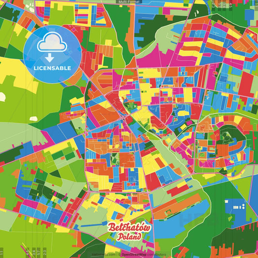 Bełchatów, Łódź, Poland Crazy Colorful Street Map Poster Template