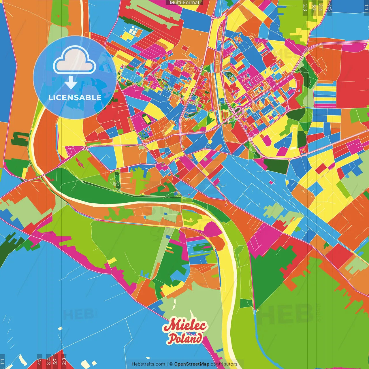 Mielec, Podkarpackie, Poland Crazy Colorful Street Map Poster Template