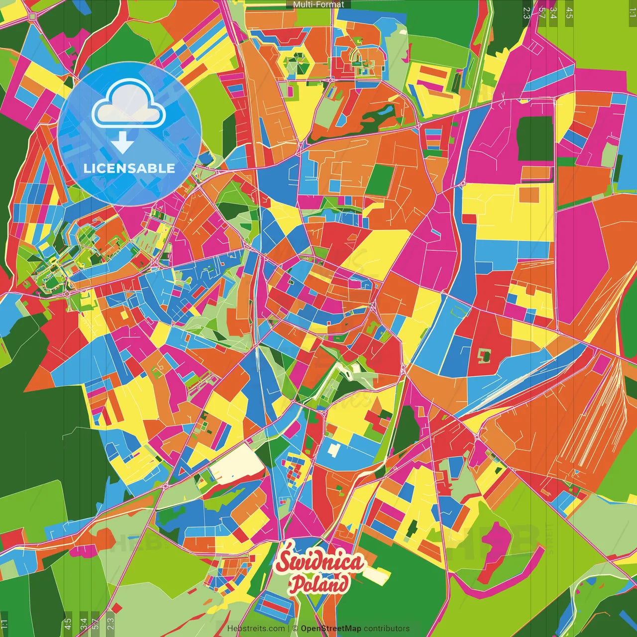 Świdnica, Lower Silesian, Poland Crazy Colorful Street Map Poster Template