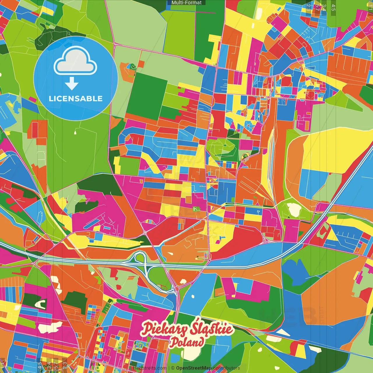 Piekary Śląskie, Silesian, Poland Crazy Colorful Street Map Poster Template