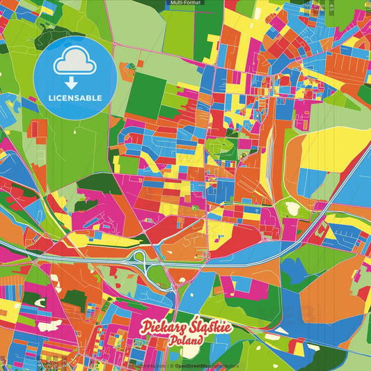 Piekary Śląskie, Silesian, Poland Crazy Colorful Street Map Poster Template