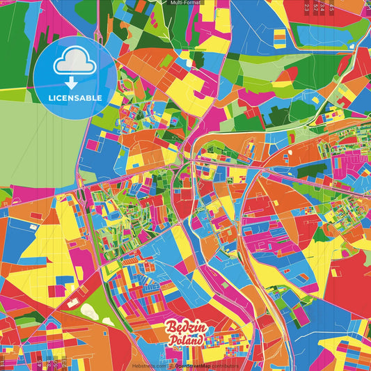 Będzin, Silesian, Poland Crazy Colorful Street Map Poster Template
