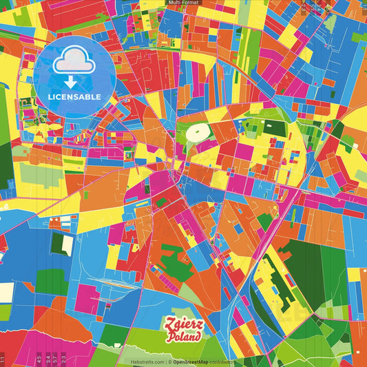 Zgierz, Łódź, Poland Crazy Colorful Street Map Poster Template