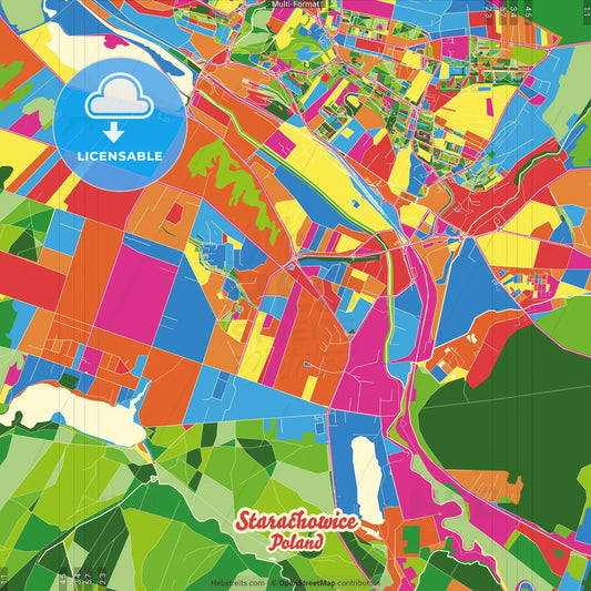 Starachowice, Świętokrzyskie, Poland Crazy Colorful Street Map Poster Template