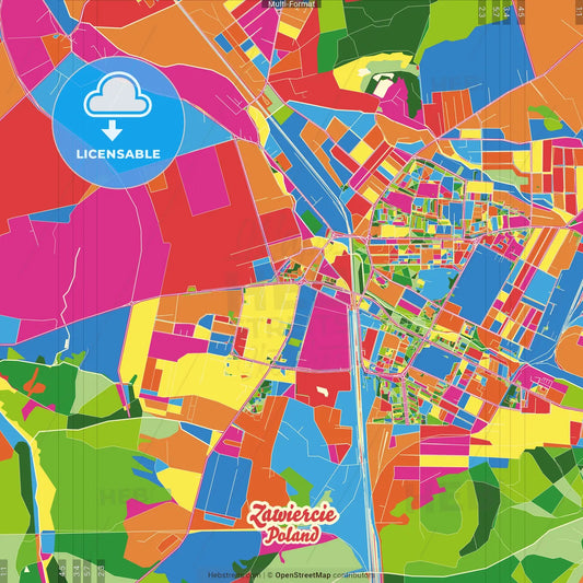 Zawiercie, Silesian, Poland Crazy Colorful Street Map Poster Template