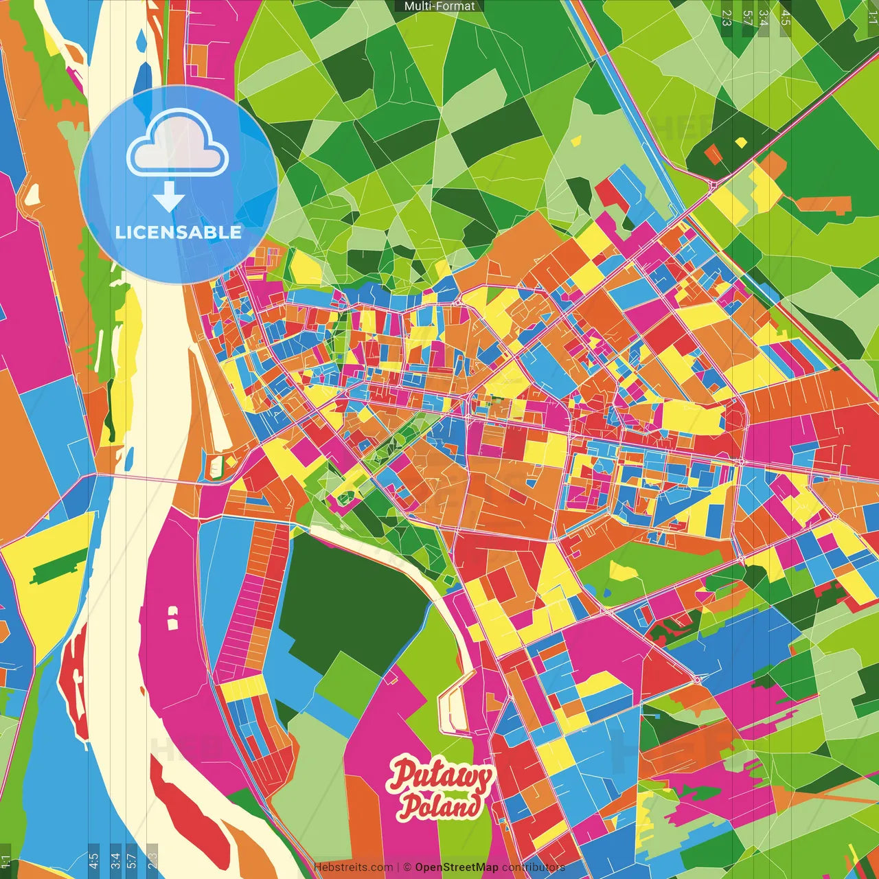 Puławy, Lublin, Poland Crazy Colorful Street Map Poster Template