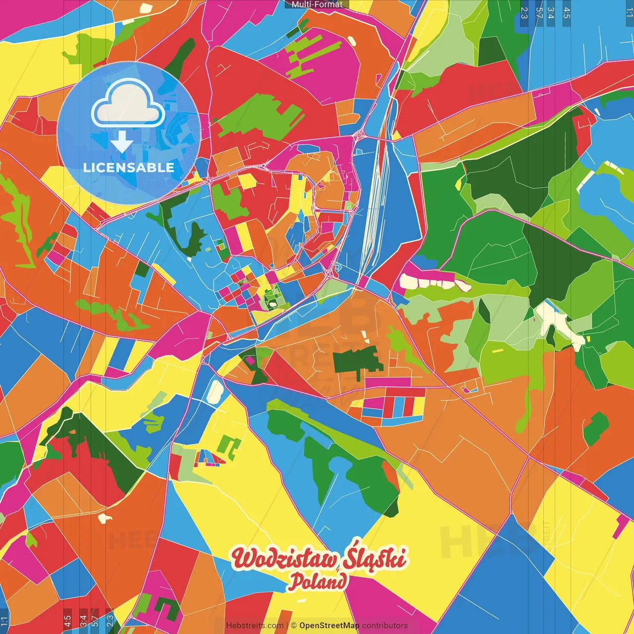 Wodzisław Śląski, Silesian, Poland Crazy Colorful Street Map Poster Template