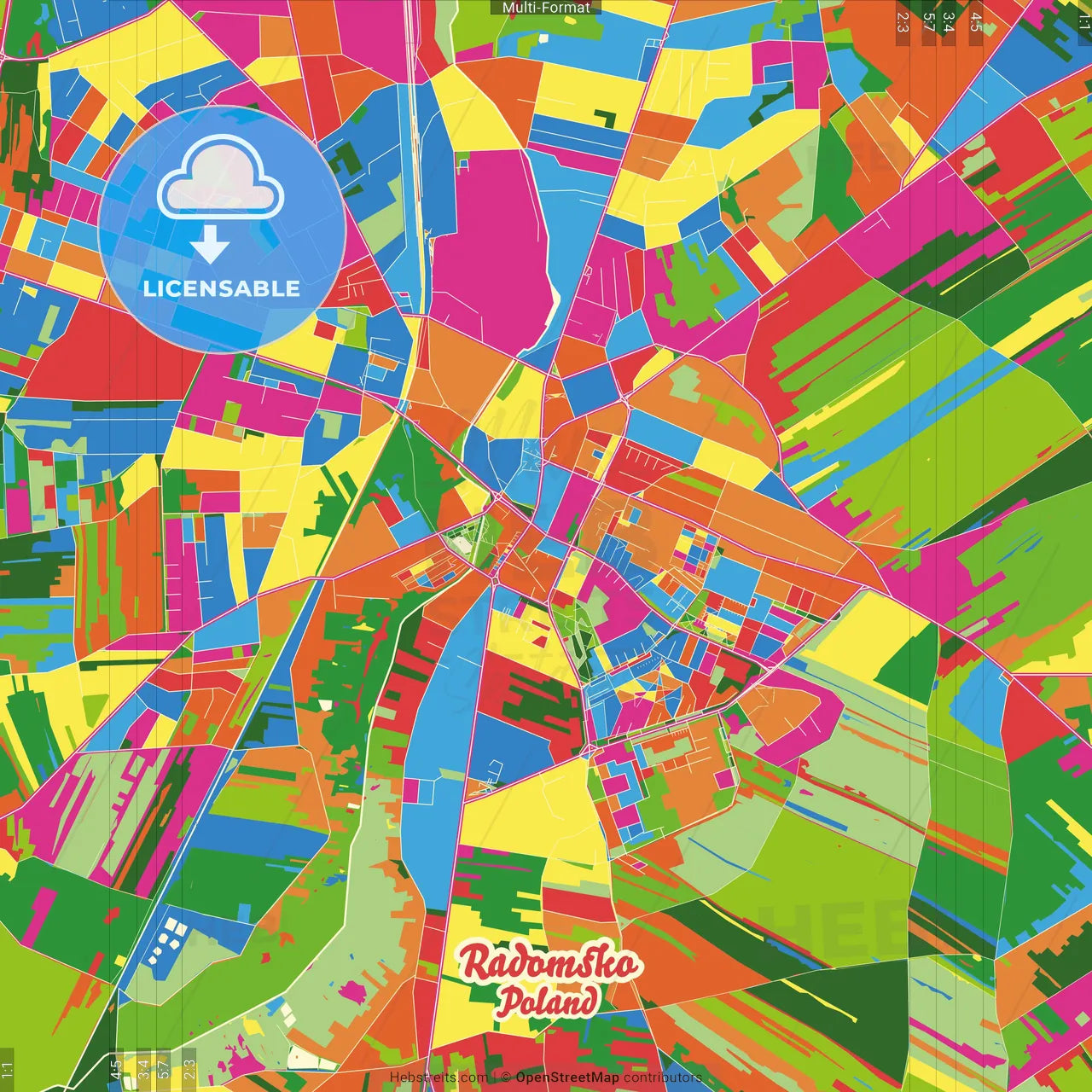 Radomsko, Łódź, Poland Crazy Colorful Street Map Poster Template