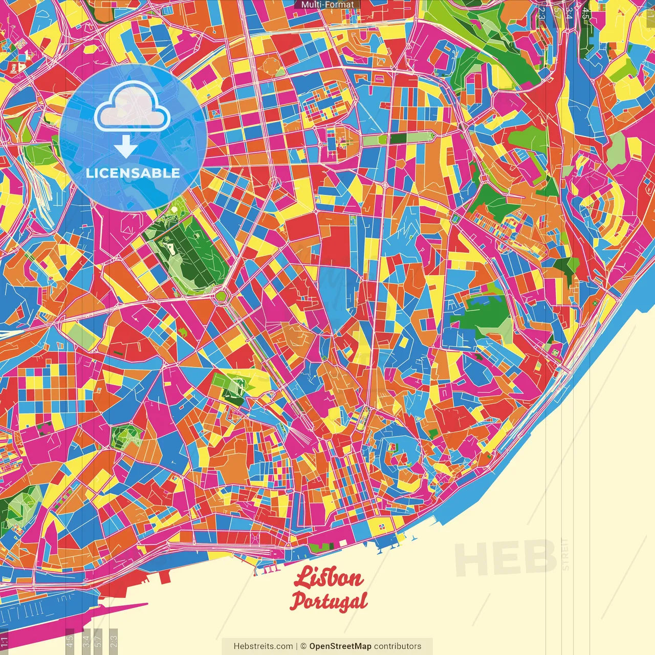 Lisbon, Lisbon, Portugal Crazy Colorful Street Map Poster Template