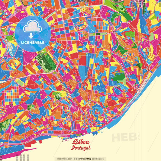 Lisbon, Lisbon, Portugal Crazy Colorful Street Map Poster Template