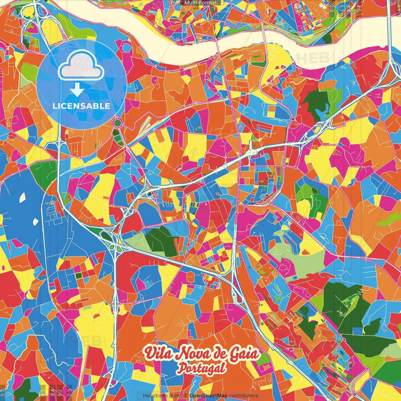 Vila Nova de Gaia, Porto, Portugal Crazy Colorful Street Map Poster Template