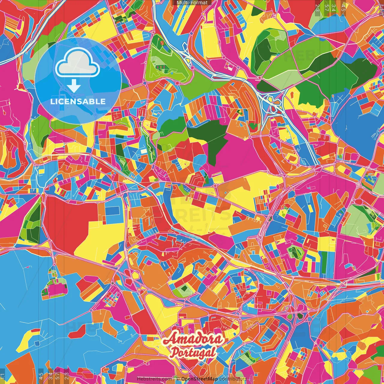 Amadora, Lisbon, Portugal Crazy Colorful Street Map Poster Template