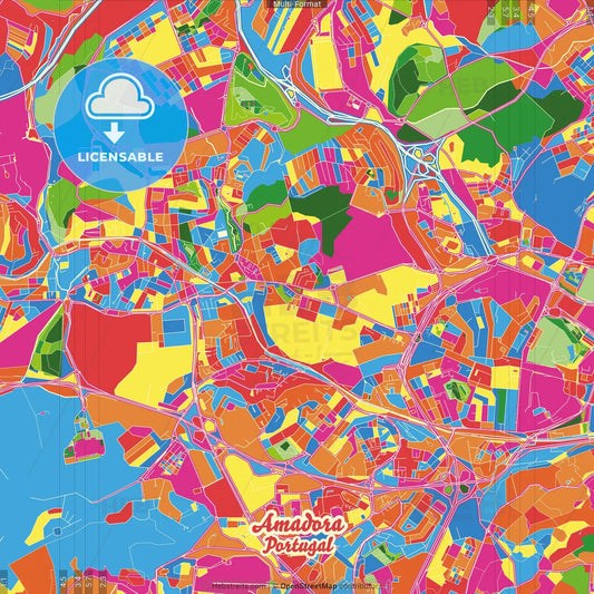 Amadora, Lisbon, Portugal Crazy Colorful Street Map Poster Template