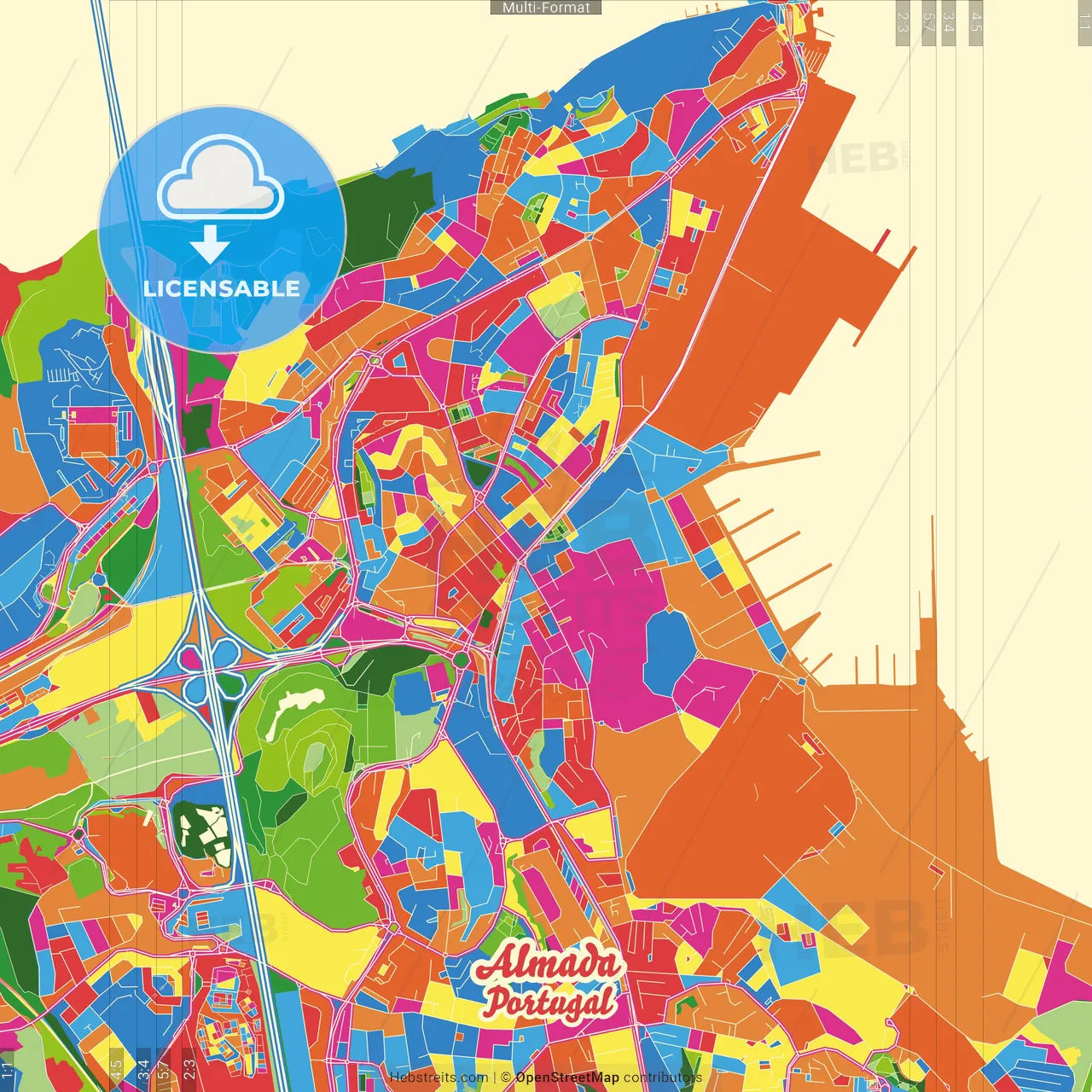 Almada, Setúbal, Portugal Crazy Colorful Street Map Poster Template
