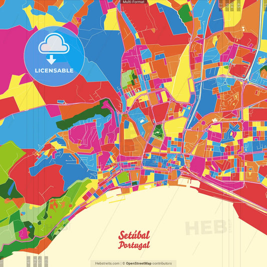 Setúbal, Setúbal, Portugal Crazy Colorful Street Map Poster Template