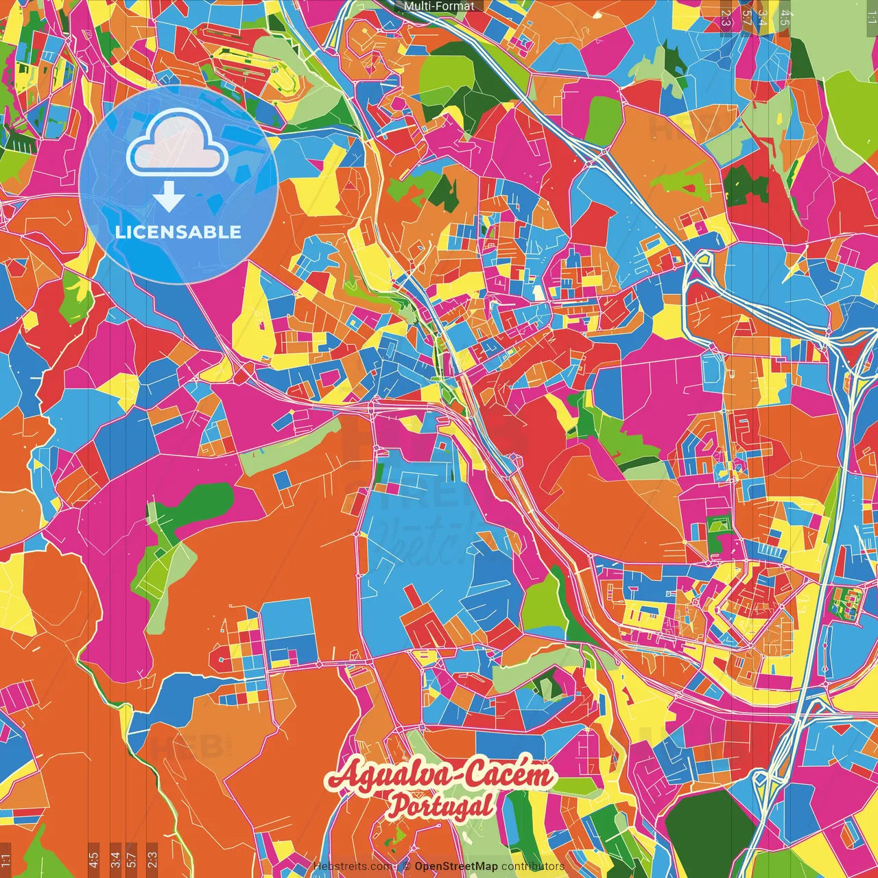 Agualva-Cacém, Lisbon, Portugal Crazy Colorful Street Map Poster Template